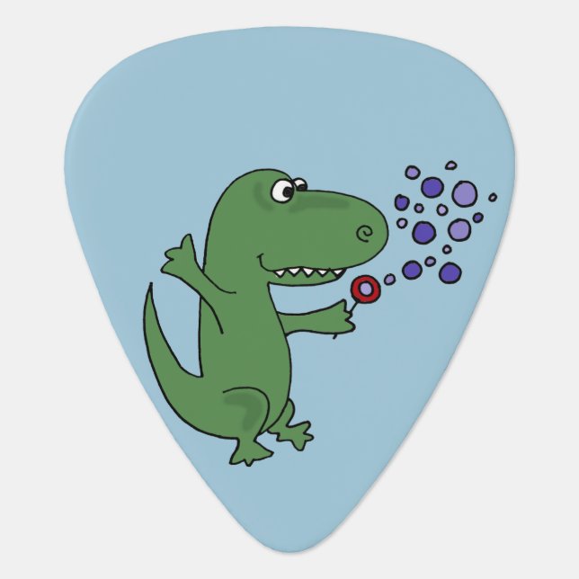 Funny Green T-Rex Dinosaur Blowing Bubbles Guitar Pick (Front)