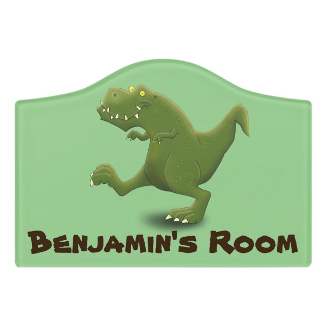 Funny green t rex dinosaur cartoon illustraton door sign (Small Crest Front)