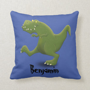 Funny green T rex dinosaur cartoon illustraton Throw Pillow