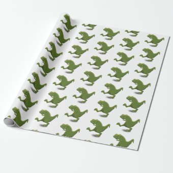 Funny green t rex dinosaur cartoon illustraton wrapping paper | Zazzle