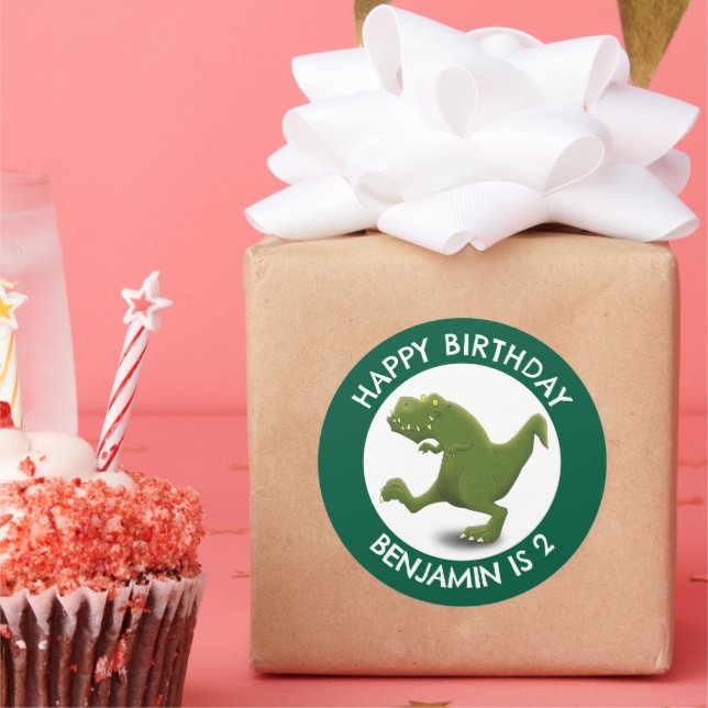 Funny green t rex dinosaur cartoon personalized classic round sticker (Party)