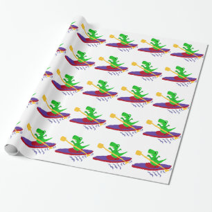 Funny Green T-Rex Dinosaur Kayaking Wrapping Paper