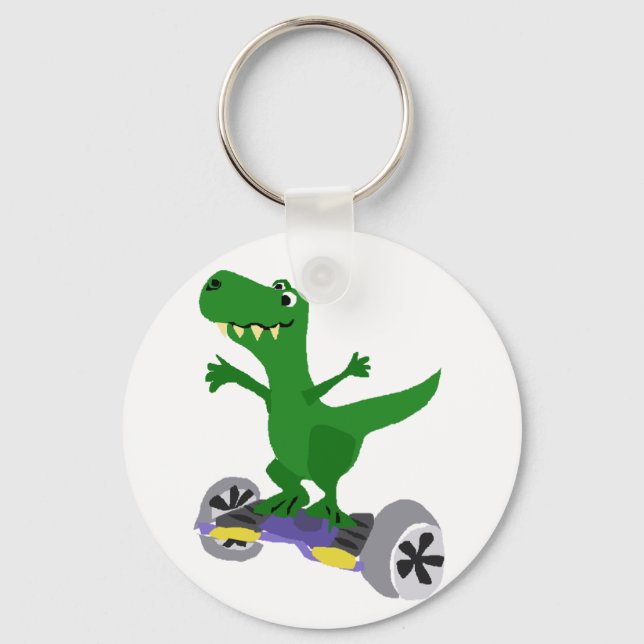 Funny Green T-Rex Dinosaur on Motorized Skateboard Keychain (Front)