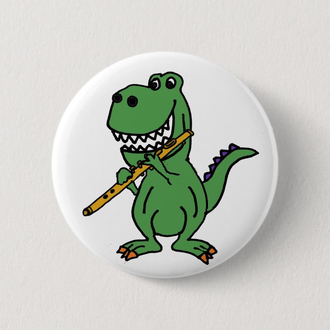 Funny Green T-rex Dinosaur Playing Flute Button (Front)