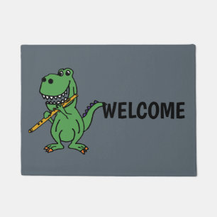 Funny Green T-rex Dinosaur Playing Flute Doormat