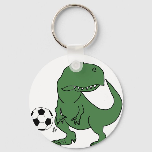 Funny Green T-rex Dinosaur Playing Soccer Keychain (Front)