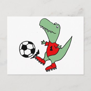 Funny Green T-rex Dinosaur Playing Soccer Postcard by naturesmiles at Zazzle