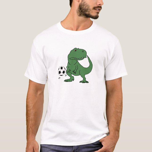 Funny Green T-rex Dinosaur Playing Soccer T-Shirt (Front)