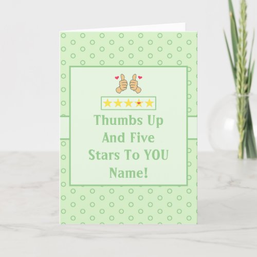 Funny Green Thumbs Up Five Star Rating Custom Name Thank You Card
