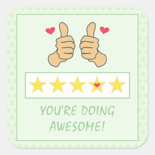 Funny Green Thumbs Up Five Star Rating Kids Reward Square Sticker