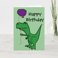 Funny Green Trex Dinosaur Holding Balloon Card