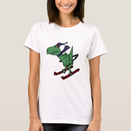Funny Green Trex Dinosaur Skiing T-shirt
