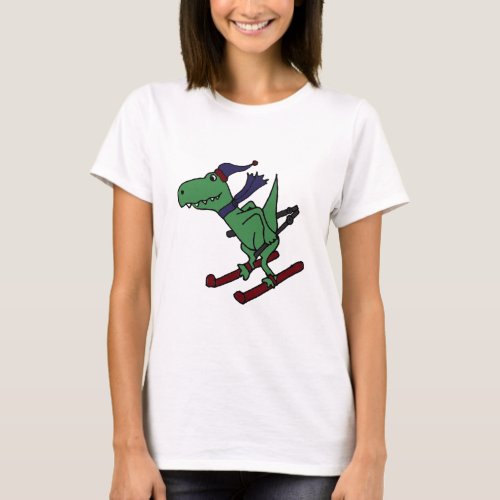 Funny Green Trex Dinosaur Skiing T_Shirt