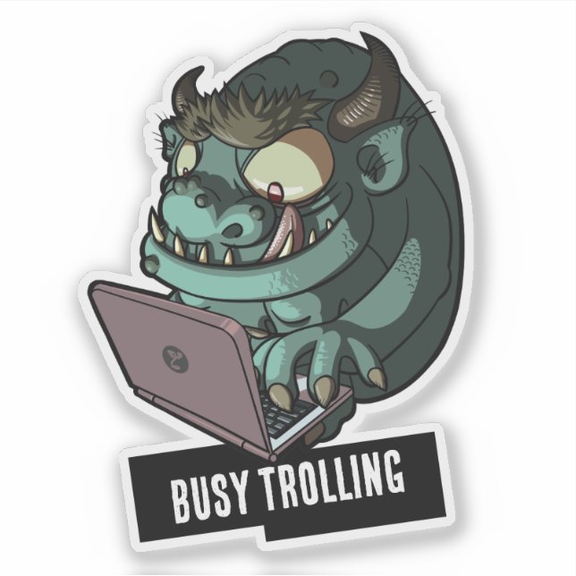 Funny Green Troll Busy Trolling On Laptop Cartoon Sticker (Front)