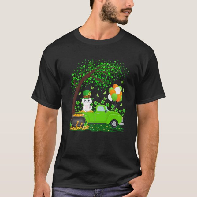 Funny Green Truck Shamrock Leaf Cat St Patricks Da T-Shirt (Front)