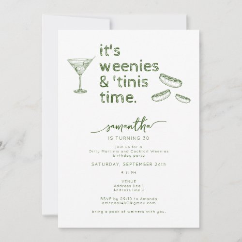 Funny Green Weenies  Tinis Martini Birthday Party Invitation