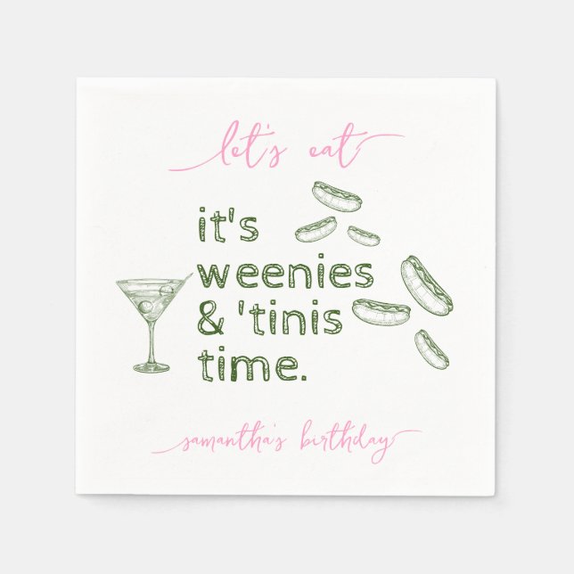 Funny Green Weenies & Tinis Martini Birthday Party Napkins (Front)