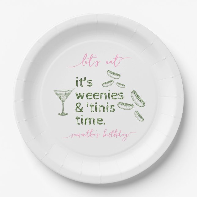 Funny Green Weenies & Tinis Martini Birthday Party Paper Plates (Front)