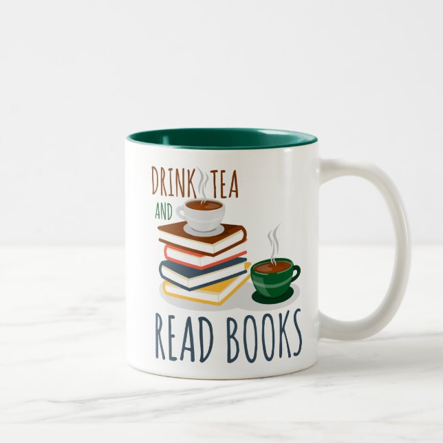 Funny Green White Mug - Drink Tea And Reads Book (Right)