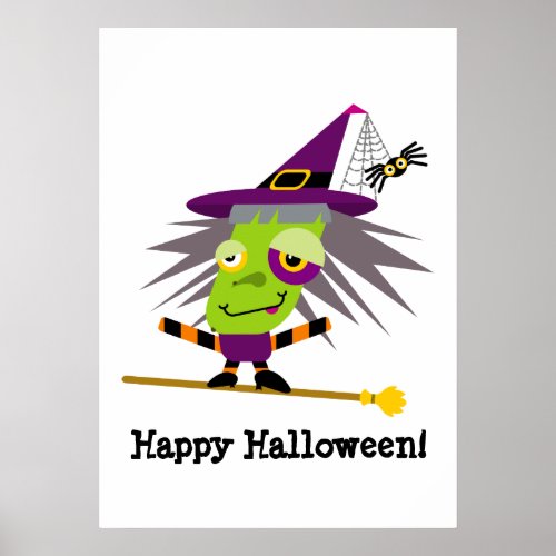 Funny Green Witch Halloween Cartoon Poster