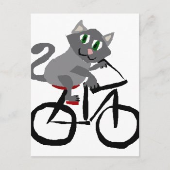 Funny Grey Kitty Cat Riding Bicycle Postcard by Petspower at Zazzle