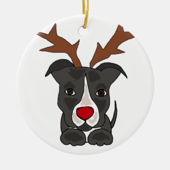 Funny Grey Pitbull Dog As Christmas Reindeer Ceramic Ornament by ChristmasSmiles at Zazzle