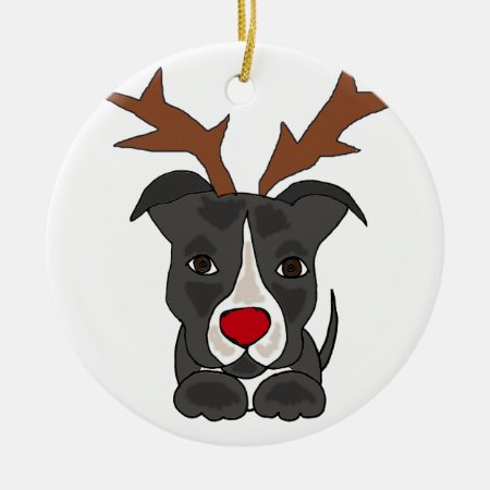 Funny Grey Pitbull Dog As Christmas Reindeer Ceramic Ornament