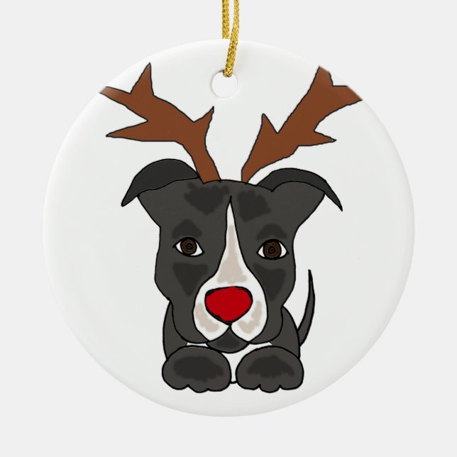 Funny Grey Pitbull Dog as Christmas Reindeer Ceramic Ornament (Front)