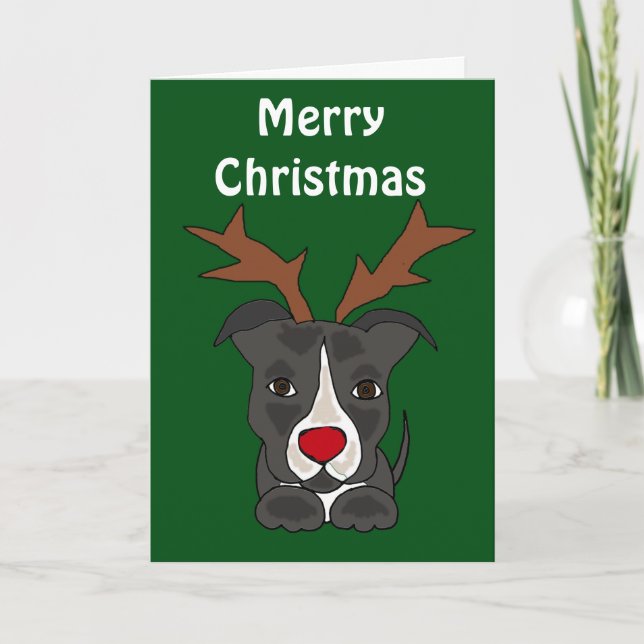 Funny Grey Pitbull Dog as Christmas Reindeer Holiday Card (Front)