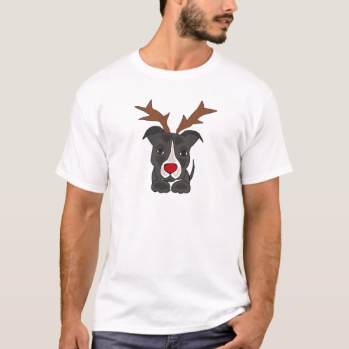 Funny Grey Pitbull Dog as Christmas Reindeer T_Shirt