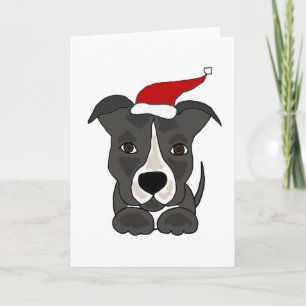 Funny Grey Pitbull in Santa Hat Christmas Art Holiday Card