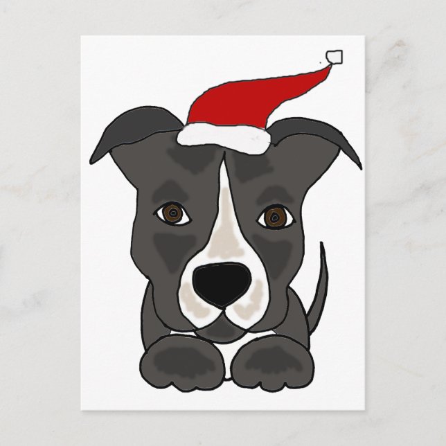 Funny Grey Pitbull in Santa Hat Christmas Art Holiday Postcard (Front)