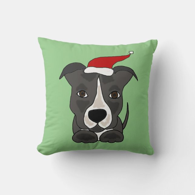 Funny Grey Pitbull in Santa Hat Christmas Art Throw Pillow (Front)