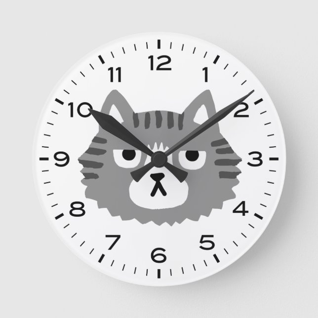 Funny Grey Tabby Cat Grouchy Cat Round Clock (Front)