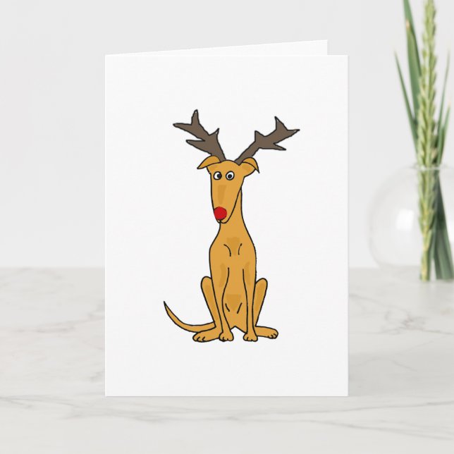 Funny Greyhound Dog as Christmas Reindeer Holiday Card (Front)