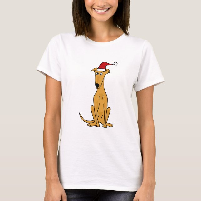 Funny Greyhound Dog in Santa Hat Christmas Art T-Shirt (Front)