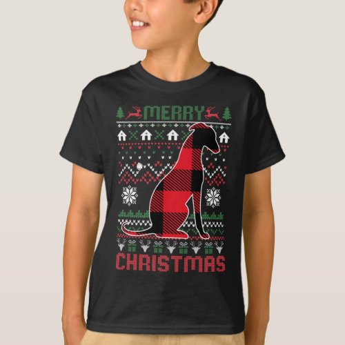 Funny Greyhound Ugly Christmas Red Plad Lights Swe T_Shirt