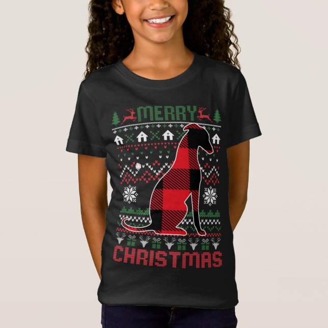 Funny Greyhound Ugly Christmas Red Plad Lights Swe T-Shirt (Front)