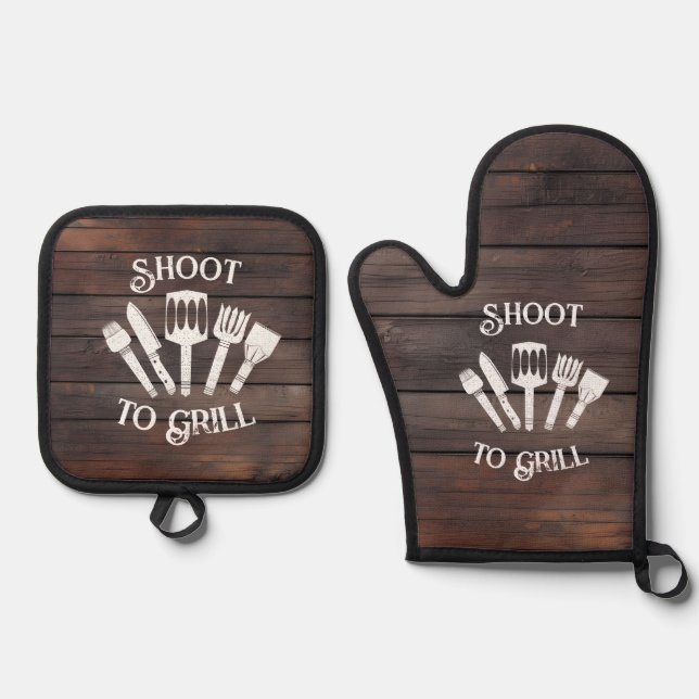 Funny Grilling Gift for Men – 'Shoot to Grill'  Oven Mitt & Pot Holder Set (Front)