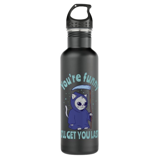 Funny Grim Reaper Cat Halloween Costume Stainless Steel Water Bottle (Front)