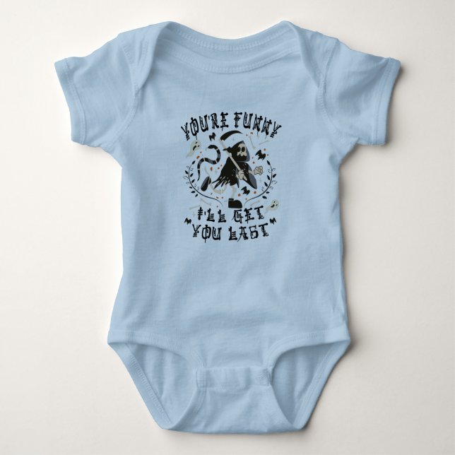 Funny Grim Reaper Skeleton Halloween Costume Baby Bodysuit (Front)