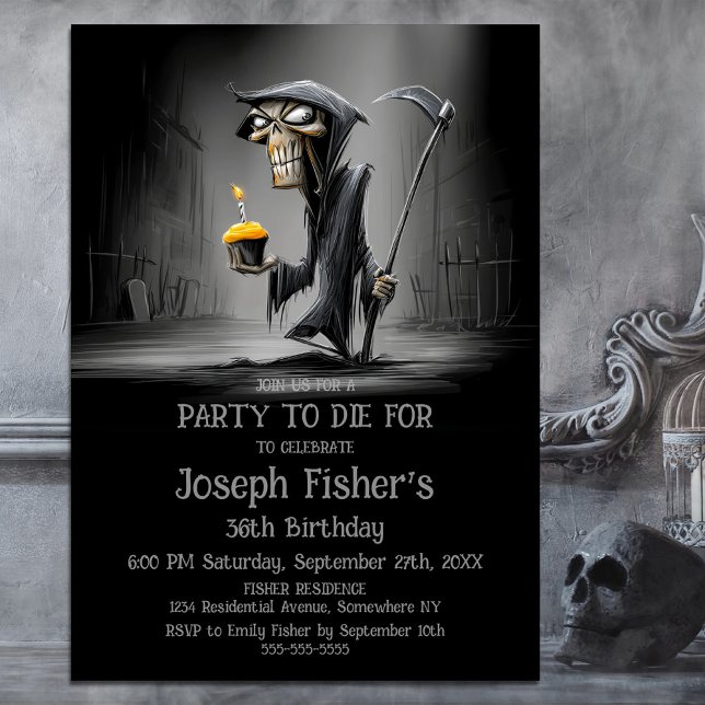 Funny Grim Reaper with Cupcake Birthday Party Invitation (Creator Uploaded)