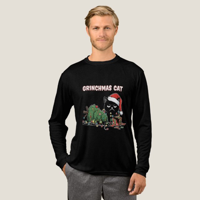 Funny Grinchmas Cat | Grumpy Black Cat Christmas  Tri-Blend Shirt (Full Front)