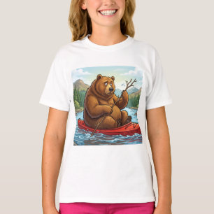 Funny Grizzly Bear in Kayak Cartoon T-Shirt