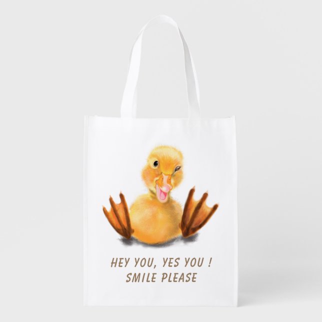Funny Grocery Bag Playful Duck Smile - Custom Text (Front)