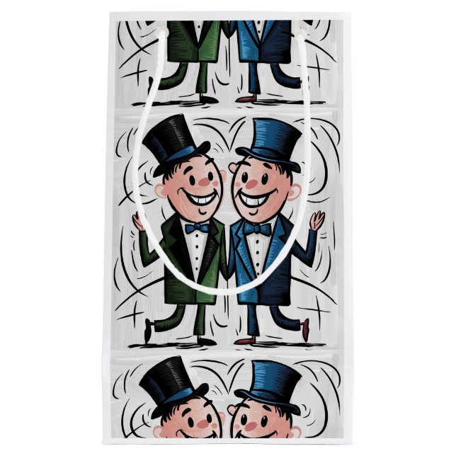 Funny Groom and Groom Gay Wedding Cartoon Small Gift Bag (Front)