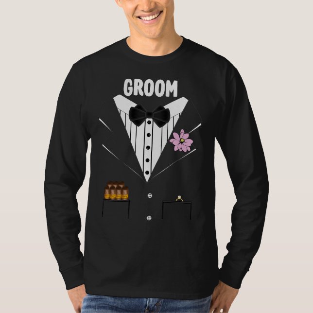 Funny Groom Tuxedo With Cigars and Ring For Bride T-Shirt (Front)