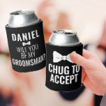 Funny Groomsman Wedding Bro Proposal Black Beer Can Cooler<br><div class="desc">𝙂𝙧𝙤𝙤𝙢𝙨𝙢𝙖𝙣 𝙋𝙧𝙤𝙥𝙤𝙨𝙖𝙡 𝘾𝙖𝙣 𝘾𝙤𝙤𝙡𝙚𝙧! The perfect way to "𝘱𝘳𝘰𝘱𝘰𝘴𝘦" to your guys. A 'BRO-POSAL, ' if you will. 😅 Each line of text on this can cooler template is editable within zazzle's easy to use personalization tool. the front includes an upper text box for you to personalize with each name....</div>