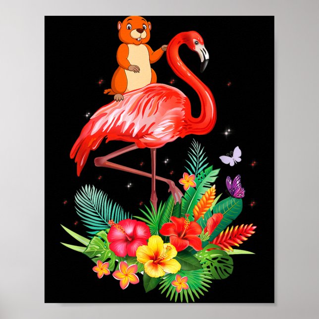 Funny Groundhog Riding Flamingo Flowers Wild Anima Poster (Front)