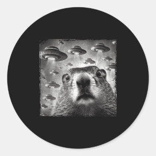 Funny Groundhog Selfie With Alien Ufos Groundhog D Classic Round Sticker